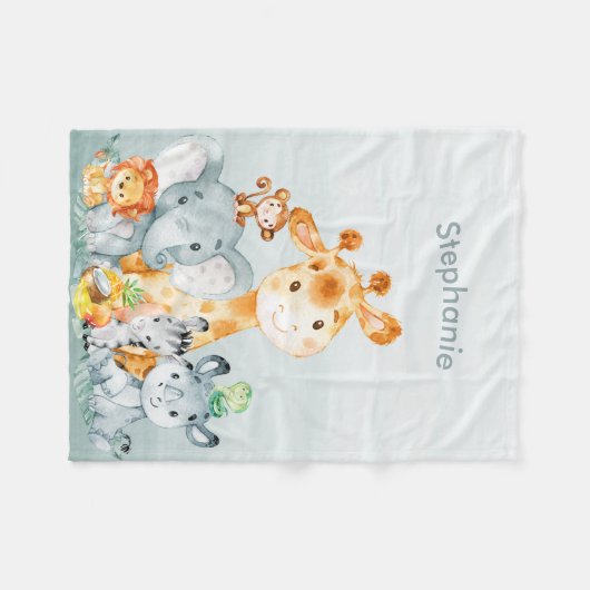 灰色のミント水彩のかわいいサファリジャングル動物 フリースブランケット (正面(横))