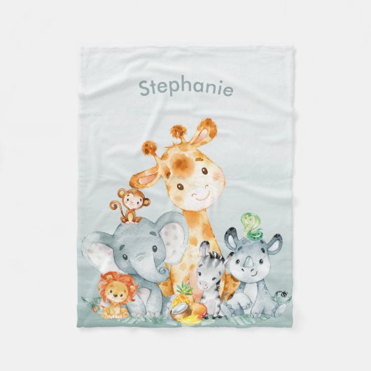 灰色のミント水彩のかわいいサファリジャングル動物 フリースブランケット (正面)