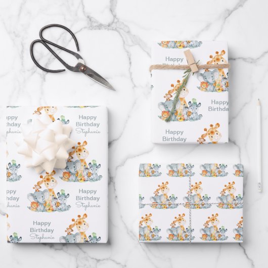 灰色のミント水彩のかわいいサファリジャングル動物 ラッピングペーパーシート (正面)