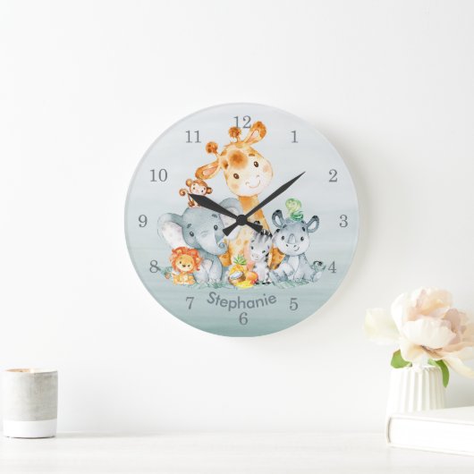 灰色のミント水彩のかわいいサファリジャングル動物 ラージ壁時計 (ホーム)