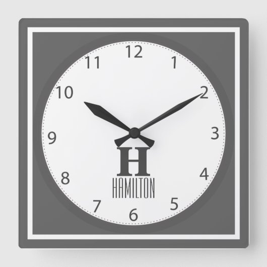 灰色のモダンなモノグラム スクエア壁時計 (正面)