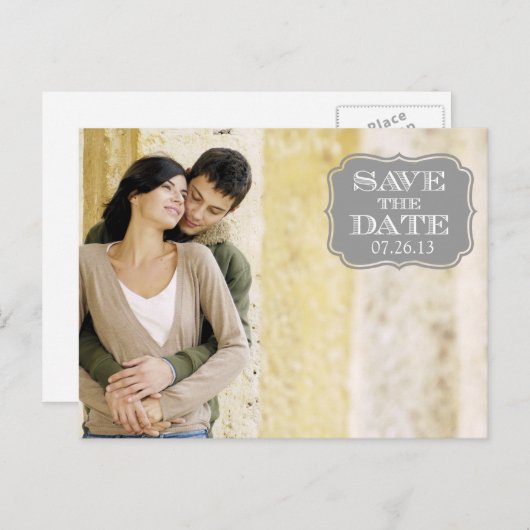 灰色のモダン旋回ラベル日付の写真カードを保存 案内ポストカード (正面/裏面)