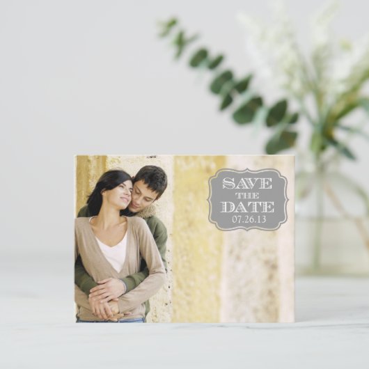 灰色のモダン旋回ラベル日付の写真カードを保存 案内ポストカード (スタンド正面)