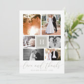 灰色のモノグラムのな結婚式の写真のコラージュは感謝していしています サンキューカード (スタンド正面)