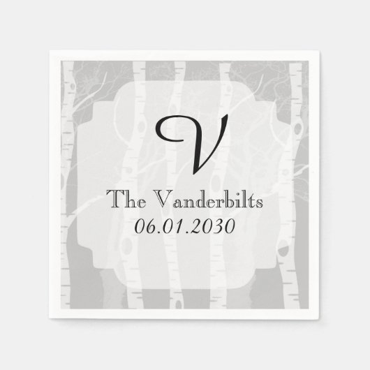 灰色のモノグラムの冬の結婚木 スタンダードカクテルナプキン (正面)