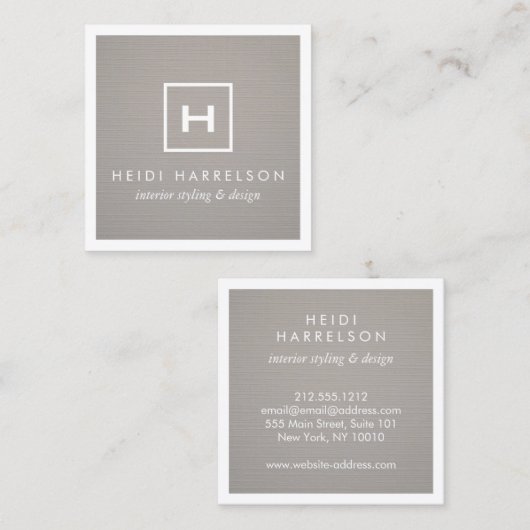 灰色のリネン/ホワイトにボックスのロゴ縁どモノグラム スクエア名刺 (正面/裏面)