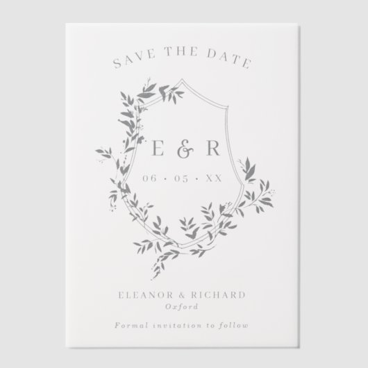 灰色のリーフェイクレストモノグラム日付を保存 ベラム紙招待状 (正面)