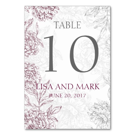 灰色のワインの花のヴィンテージの結婚 テーブルナンバー (正面)