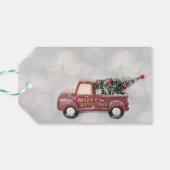 灰色のヴィンテージの背景に赤い《写真》ぼけ味トラック ギフトタグ (裏面横)