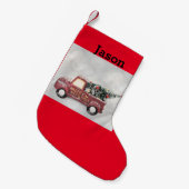 灰色のヴィンテージの背景に赤い《写真》ぼけ味トラック スモールクリスマスストッキング (正面 (吊り時))