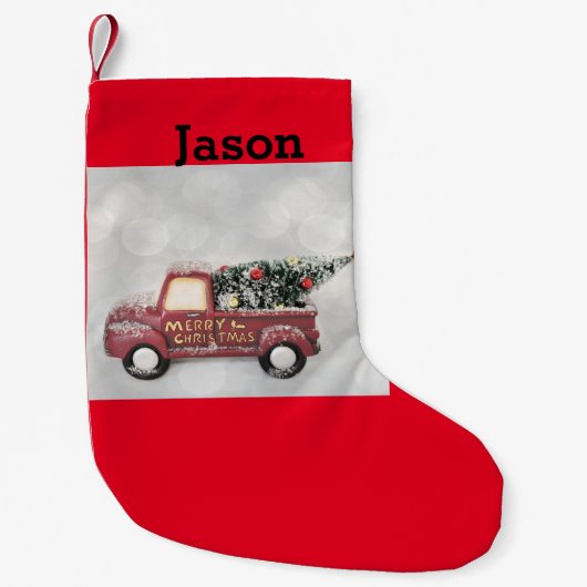灰色のヴィンテージの背景に赤い《写真》ぼけ味トラック スモールクリスマスストッキング (正面)