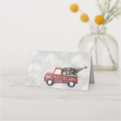 灰色のヴィンテージの背景に赤い《写真》ぼけ味トラック プレイスカード (裏面)