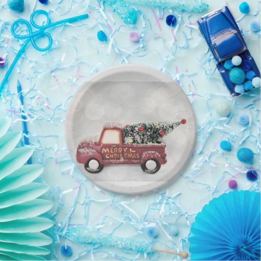 灰色のヴィンテージの背景に赤い《写真》ぼけ味トラック ペーパープレート (パーティー)