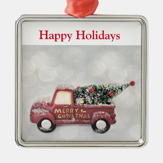 灰色のヴィンテージの背景に赤い《写真》ぼけ味トラック メタルオーナメント (正面)