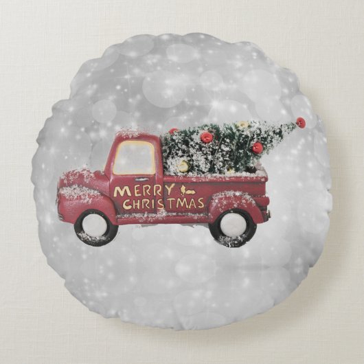 灰色のヴィンテージの背景に赤い《写真》ぼけ味トラック ラウンドクッション (正面)