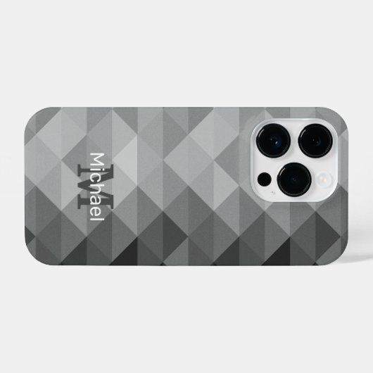 灰色の三角形の幾何学的な正方形パターンモノグラム iPhoneケース (裏面横)