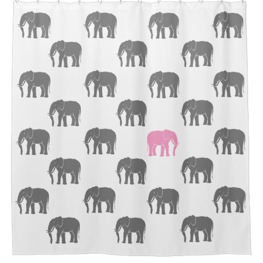 灰色の中の象徴的なピンク象白の物 シャワーカーテン (正面)