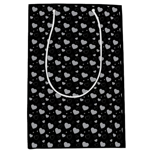 灰色の光沢のあるハートかわいいロマンチックなパターン ミディアムペーパーバッグ (正面)