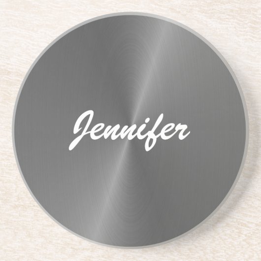灰色の光沢のあるフェイク金属名前をカスタムする コースター (正面)