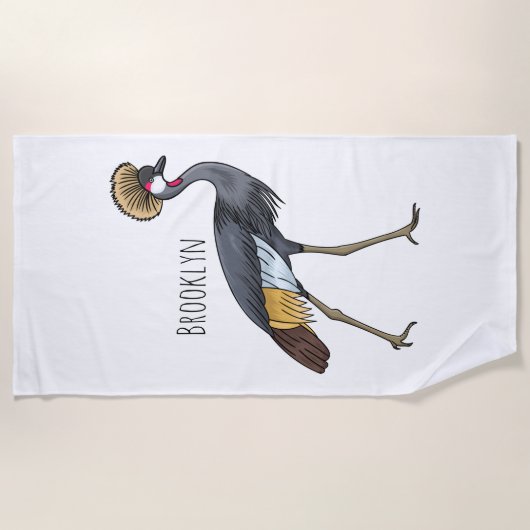 灰色の冠の鶴の鳥の漫画イラストレーション ビーチタオル (正面)