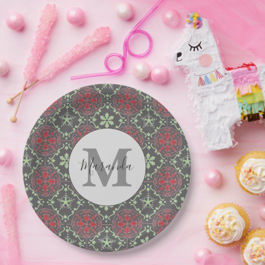灰色の北欧スノーフレーク冬のモノグラムパターン ペーパープレート (パーティー)