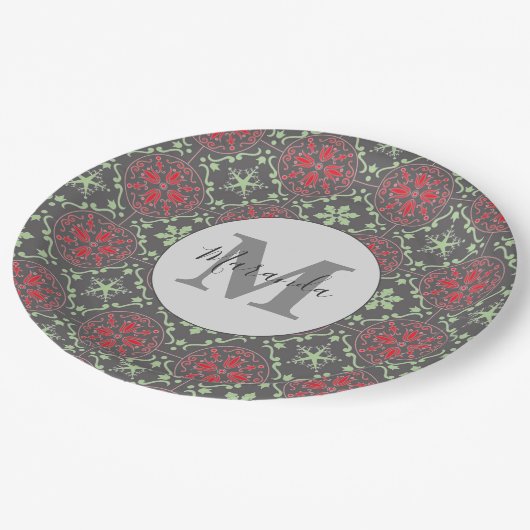 灰色の北欧スノーフレーク冬のモノグラムパターン ペーパープレート (アングル)