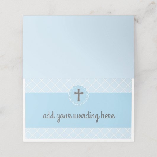 灰色の十字バプティスマスを持つ青い幾何模様 プレイスカード (外部開封)