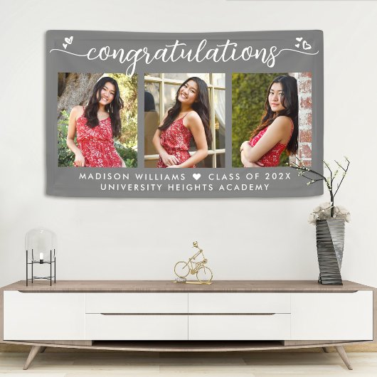 灰色の卒業式3写真モダン書道ハート 横断幕