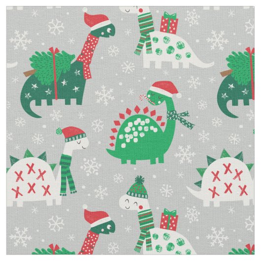 灰色の可愛いクリスマス恐竜 ファブリック (クローズアップ)