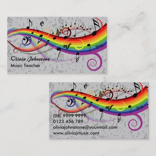 灰色の名刺に虹の黒の音符 名刺 (正面/裏面)