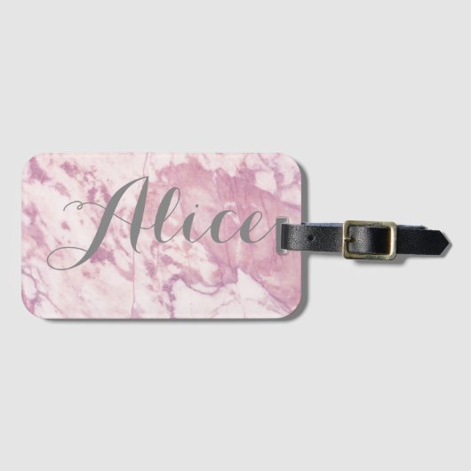 灰色の名前のエレガントなピンクの大理石 ラゲッジタグ (正面横)