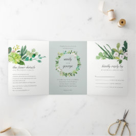 灰色の多肉性リースの葉の水色結婚の 三つ折り招待状