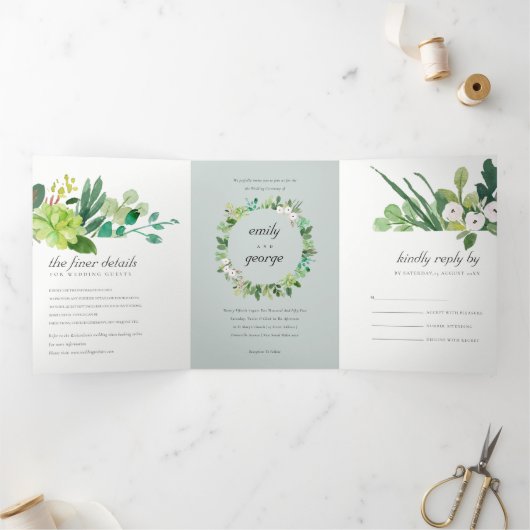 灰色の多肉性リースの葉の水色結婚の 三つ折り招待状 (内部)