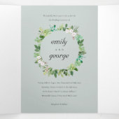 灰色の多肉性リースの葉の水色結婚の 三つ折り招待状 (内部中)