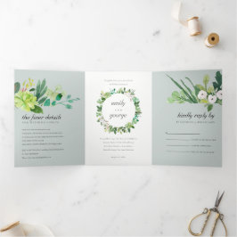 灰色の多肉性リースの葉の水色結婚の 三つ折り招待状