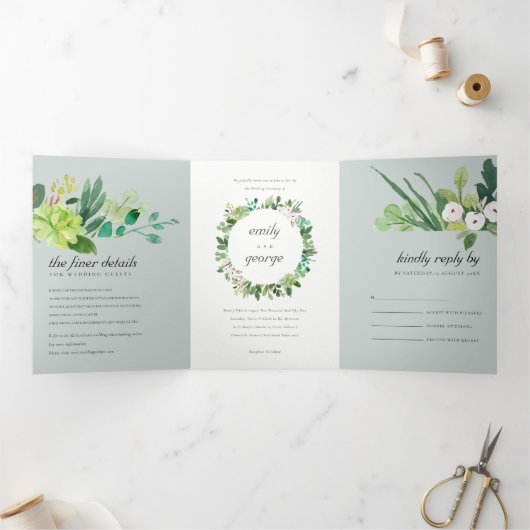 灰色の多肉性リースの葉の水色結婚の 三つ折り招待状 (内部)