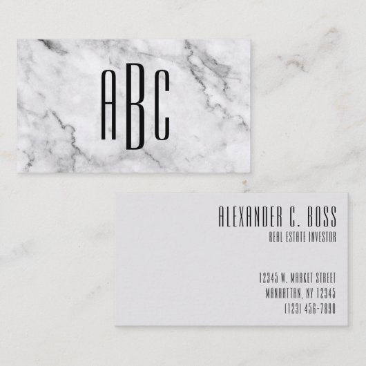 灰色の大理石と黒の3文字モノグラム 名刺 (正面/裏面)