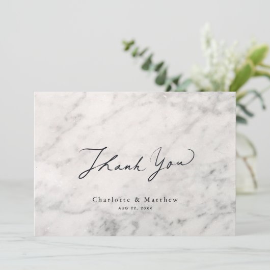 灰色の大理石のカ結婚ラグラフィ サンキューカード (スタンド正面)