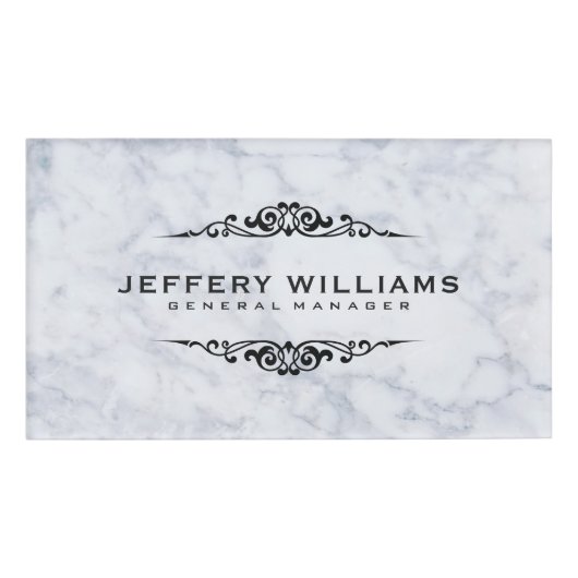 灰色の大理石プリント黒い渦巻きフレーム 名札 (正面)