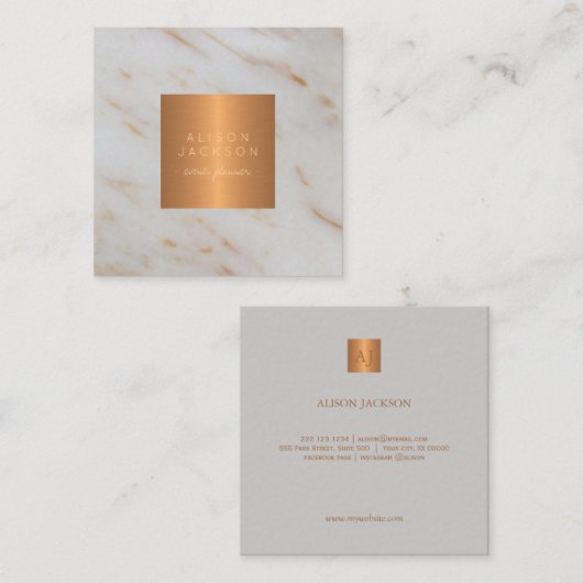 灰色の大理石メタリック銅金ゴールド モノグラムの スクエア名刺 (正面/裏面)