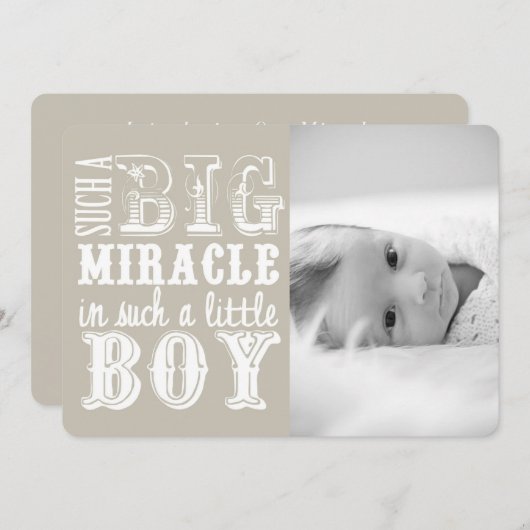 灰色の奇跡の男の子|の写真の誕生の発表 案内状 (正面/裏面)