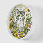 灰色の子ネコが花に座る 壁時計 (傾斜)