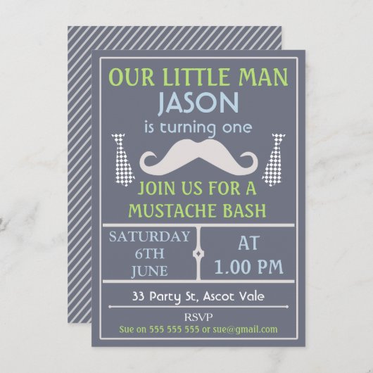 灰色の小さい紳士の髭の誕生日の招待状 招待状 (正面/裏面)