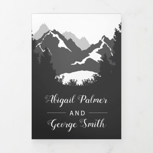灰色の山と木の写真の冬の結婚式 三つ折り招待状 (カバー)