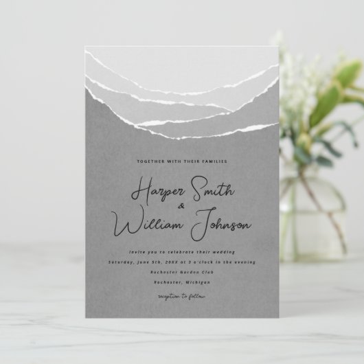 灰色の引き裂かれた紙の結婚山々の活性化 招待状 (スタンド正面)