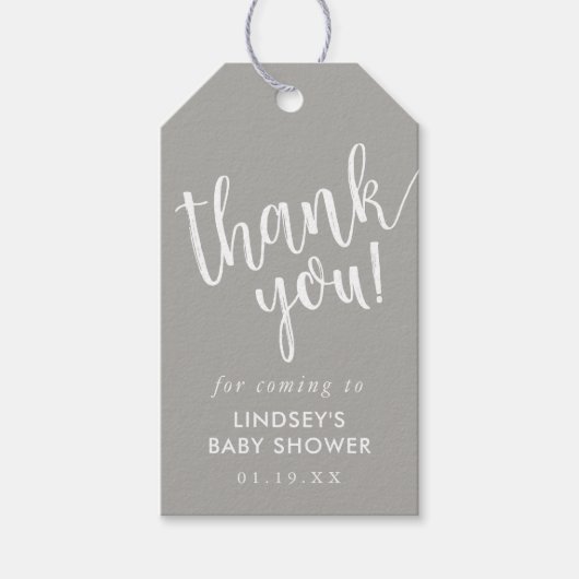 灰色の手書き赤ちゃんシャワーありがとう ギフトタグ (正面)