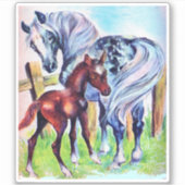 灰色の斑点のある母馬と茶色の子馬のフェンス シール (正面)