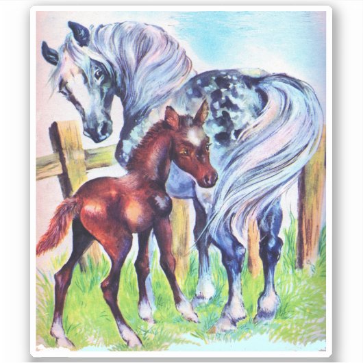 灰色の斑点のある母馬と茶色の子馬のフェンス シール (正面)