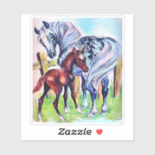 灰色の斑点のある母馬と茶色の子馬のフェンス シール (シート)