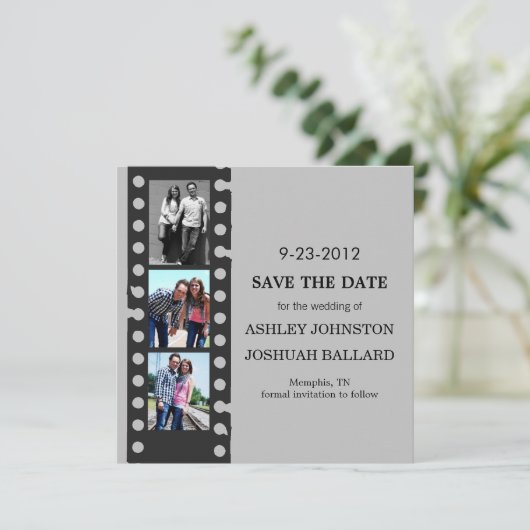 灰色の映画フィルムのストリップの保存日付の招待 セーブザデート (スタンド正面)